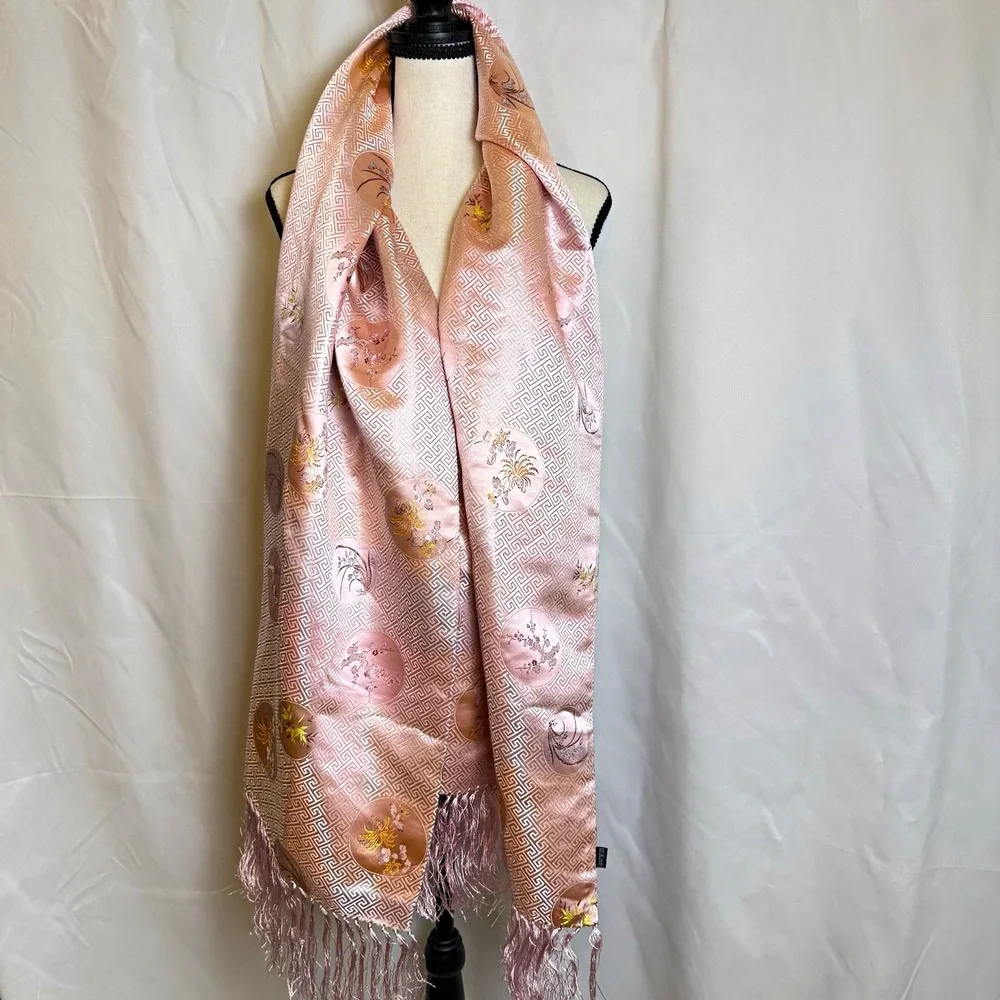 Handmade 100% Silk Floral Fringe Rectangle Scarf Pink/Gold 72x23 Women